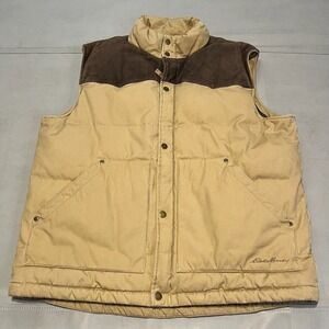 VTG Eddie Bauer Men Premium 650 Fill Power Goose‎ Vest Beige Tan Leather-L-XXX
